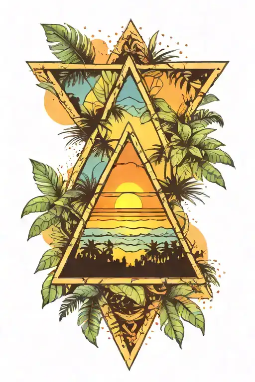 Alcoholics Anonymous Triangle Over Watercolor Sunset With Tropical Leafs In Background