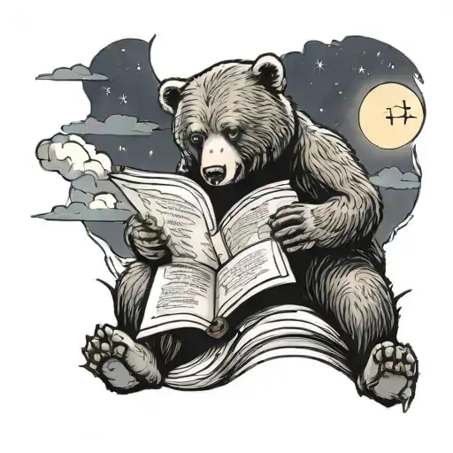 A Bear Reading A Book Under A Moonlit Sky