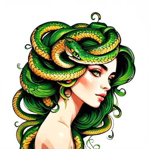 Prett Faced Lady With Green And Gold Snakes For Hair