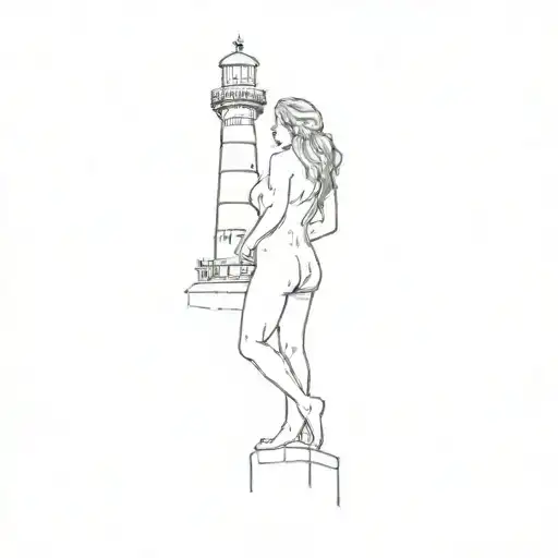 A Nude Woman Standing In Front Of A Lighthouse