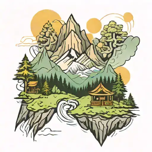 A Modern Interpretation Of The Navkar Mantra Intertwined With A Mountain Scene