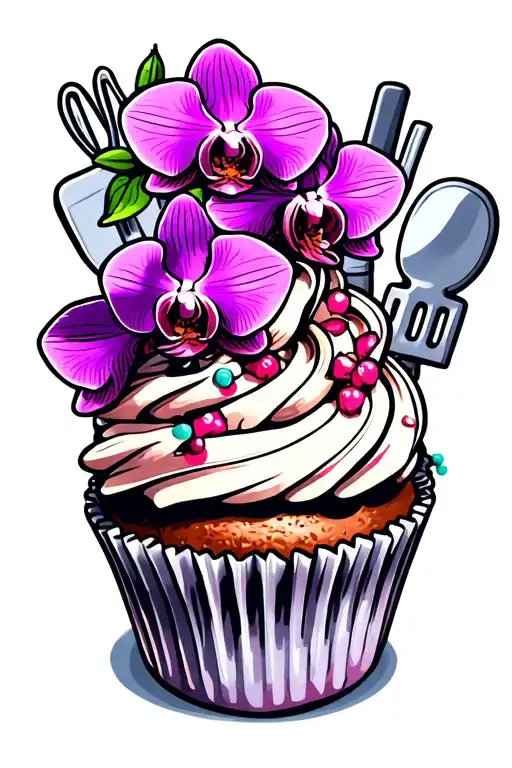 A New-school Tattoo Of A Cupcake With Orchid Decorations And Baking Utensils In The Background