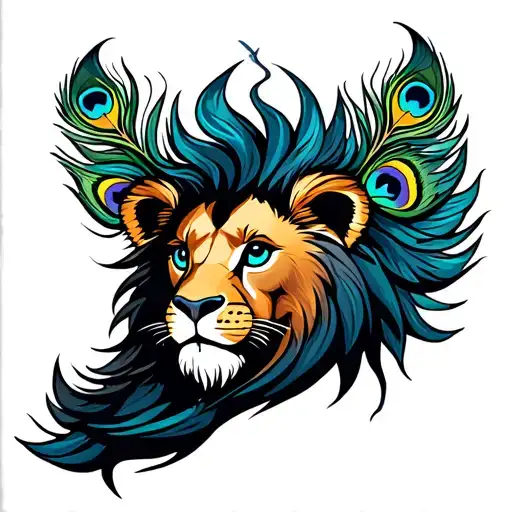 A Majestic Lion Whose Mane Is Made Of Peacock Feathers