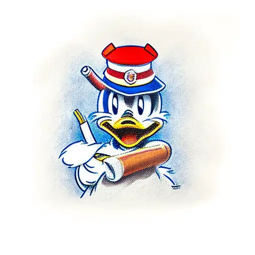 Donald Duck Wearing A Coast Guard Cover Smoking A Cigar With Bloodshot Eyes
