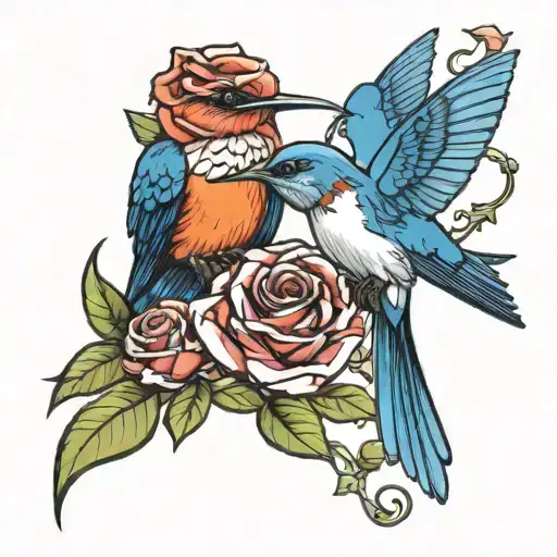 Hummingbird And Bluebird Sitting With A Rose Intertwined