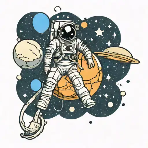 Astronaut Sitting On A Quarter Moon With Planet Balloons