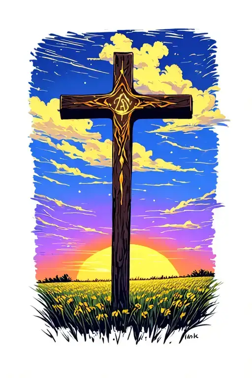 Cross In A Field Durring Sunset With Initials Frr