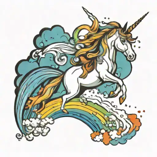A Unicorn Jumping Over A Rainbow Waterfall