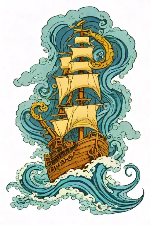 Kraken Taking Down A Ship Sailing Through Stormy Ocean