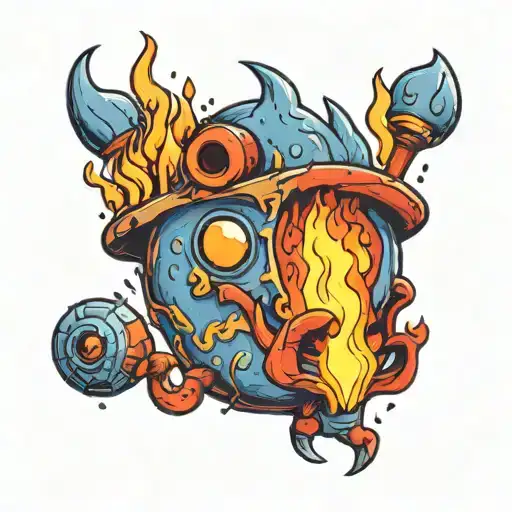 Blue And Red Calcifer Cartoon Tattoo Combined