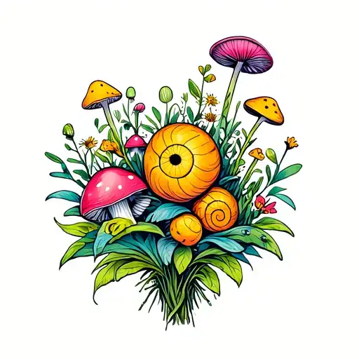 Wildflower Bouqet With Snails And Mushrooms