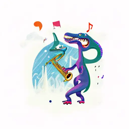 Dinosaurs Playing The Saxophone In Space With Music Notes Around Them