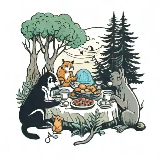 A Whimsical Forest Scene With Animals Enjoying A Picnic Feast