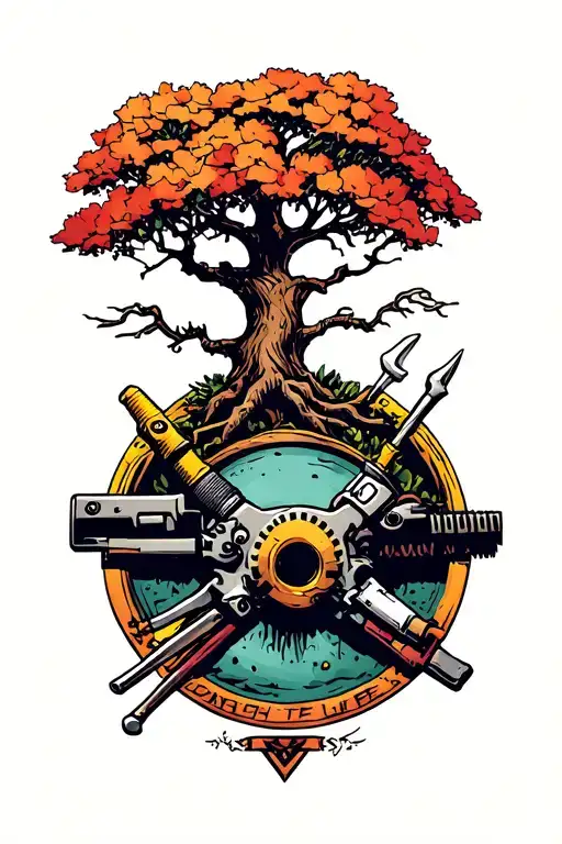 Femine Mechanic Tattoo With Tools And The Tree Of Life