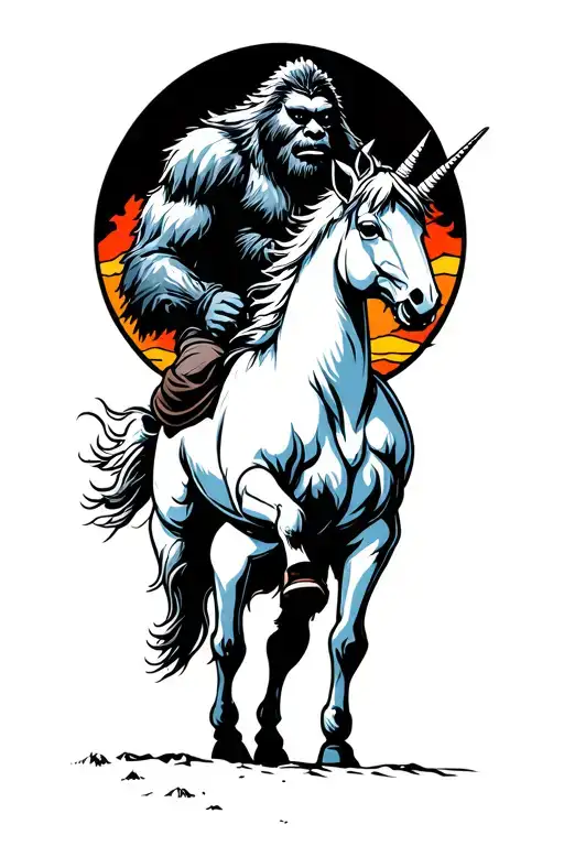 Bigfoot Riding Unicorn In Mountains