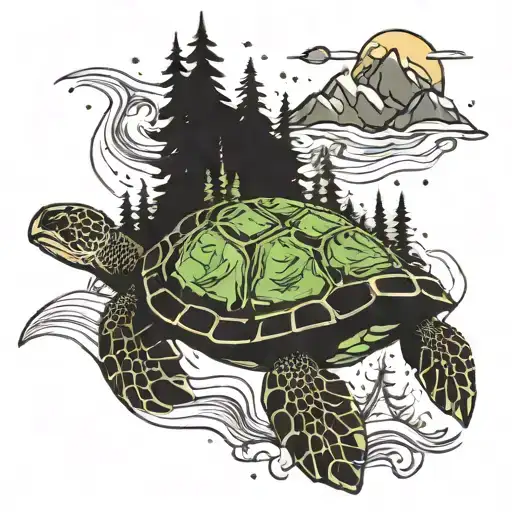 A Sea Turtle With A Forest And Mountains On Its Back Swimming Through Space