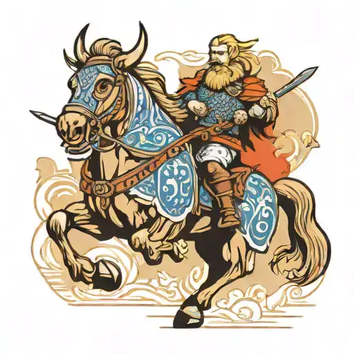 A Viking Warrior Riding A Horse Into Battle With A Fierce Dog By Their Side
