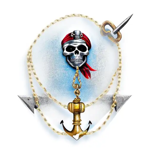 Decapitated Pirate Head On A Trident With A Chain Around It And A An Anchor At The Bottom
