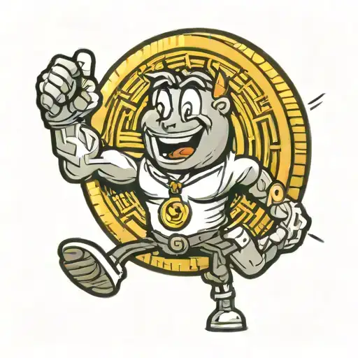 A Happy Coin Cartoon Character Holding A Giant Crypto Coin