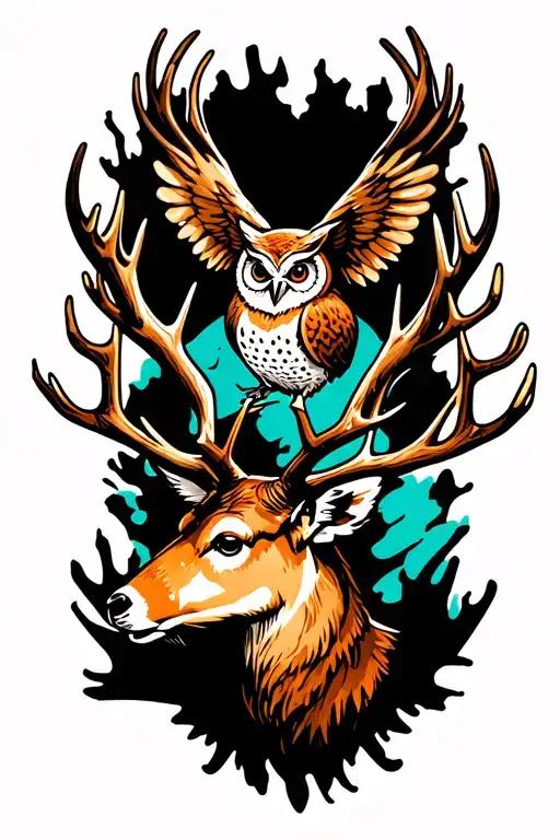 Reindeer And Owl Flying Between Antlers