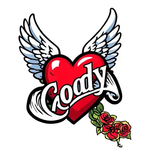 Flying Red Heart With Wing And White Name Cody