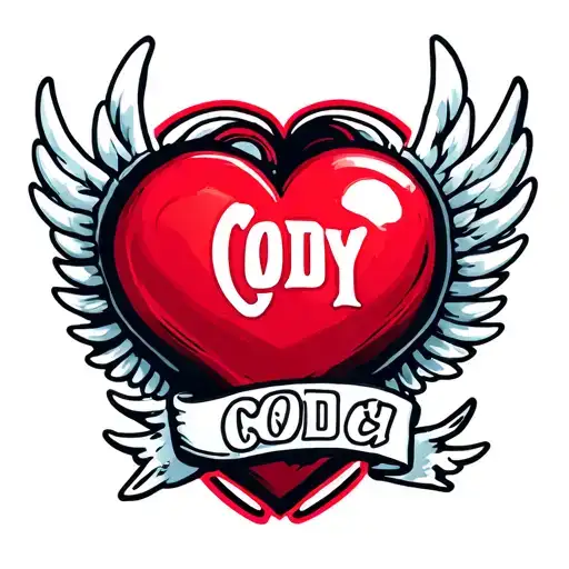 Flying Red Heart With Wing And White Name Cody