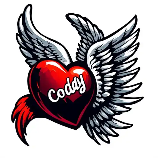 Flying Red Heart With Wing And White Name Cody