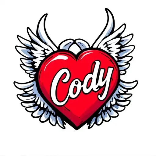 Flying Red Heart With Wing And White Name Cody