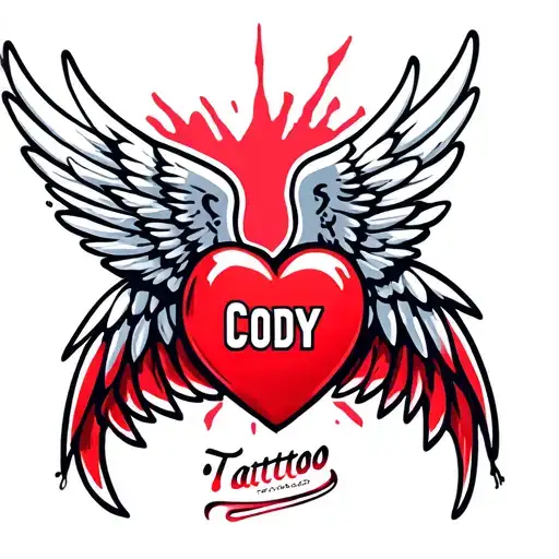 Flying Red Heart With Wing And White Name Cody