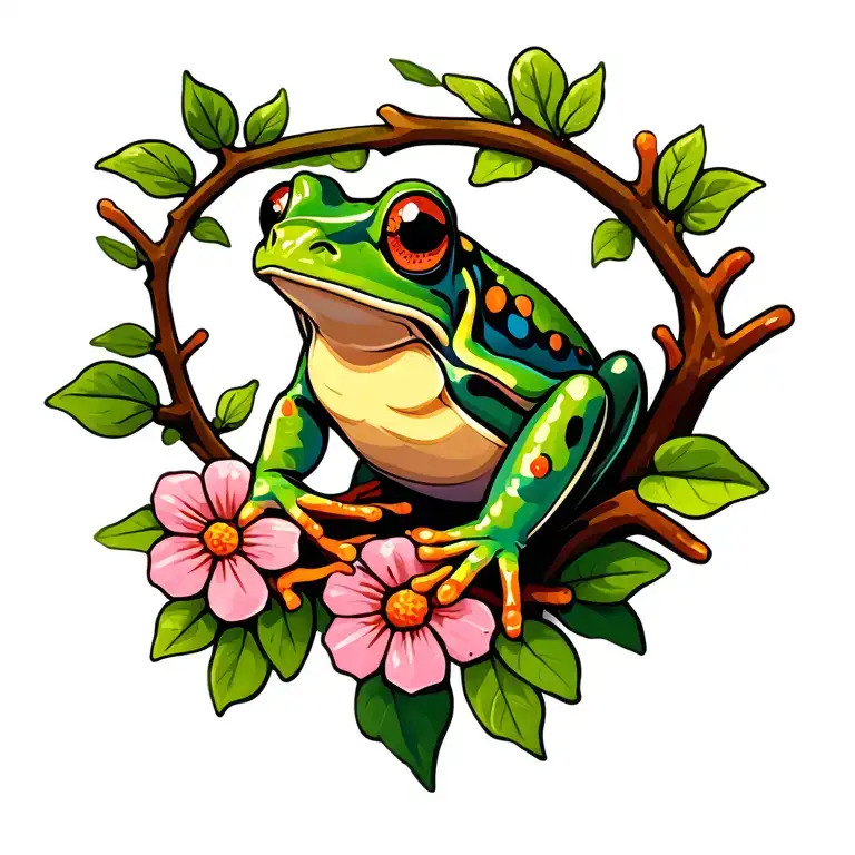 Dart Frog On Vine With Leaves And Flowers