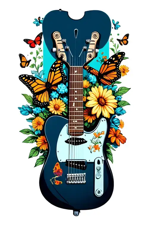 A Dark Blue Fender Telecaster Guitar Surrounded By Monarch Butterflies And Flowers
