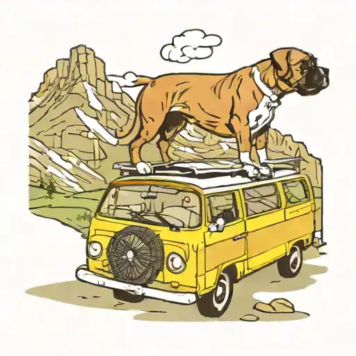 A Boxer Dog Doing Agility Tricks On Top Of A Vw Camper Van Parked In The Mountains