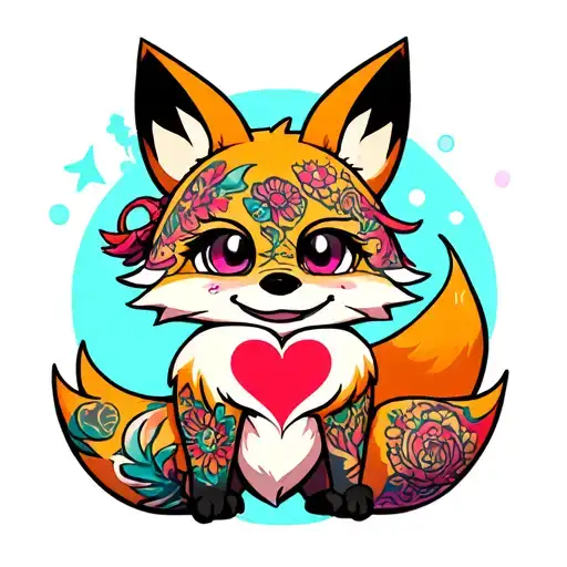 Happy Anime Fox With Colorful Tattoos Stitching Together A Broken Heart