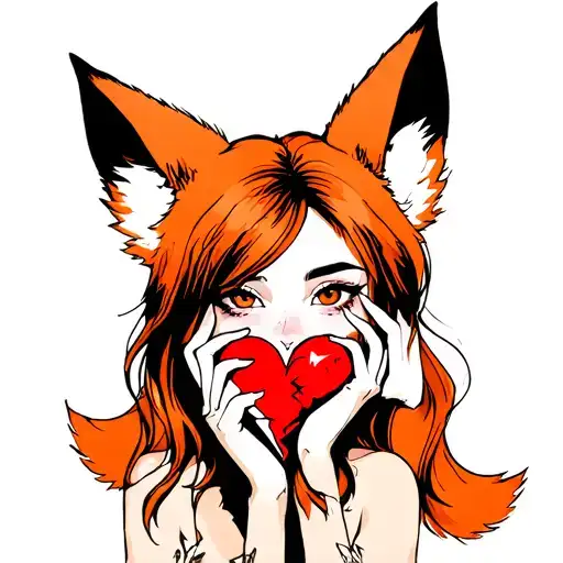 Woman With Fox Ears Stitching Together A Broken Heart Wrapped With Fox Tails