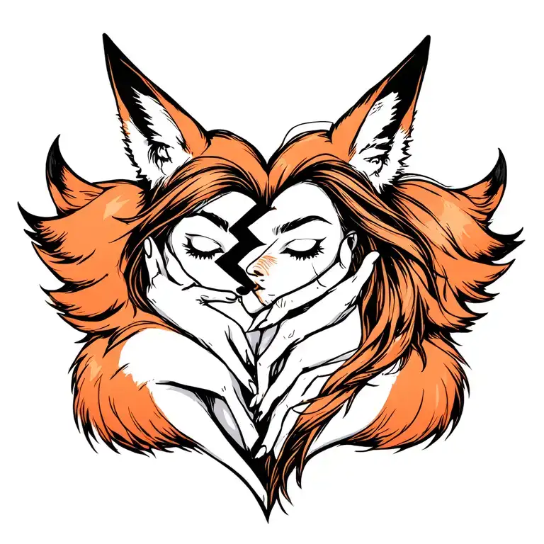 Woman With Fox Ears Stitching Together A Broken Heart Wrapped With Fox Tails