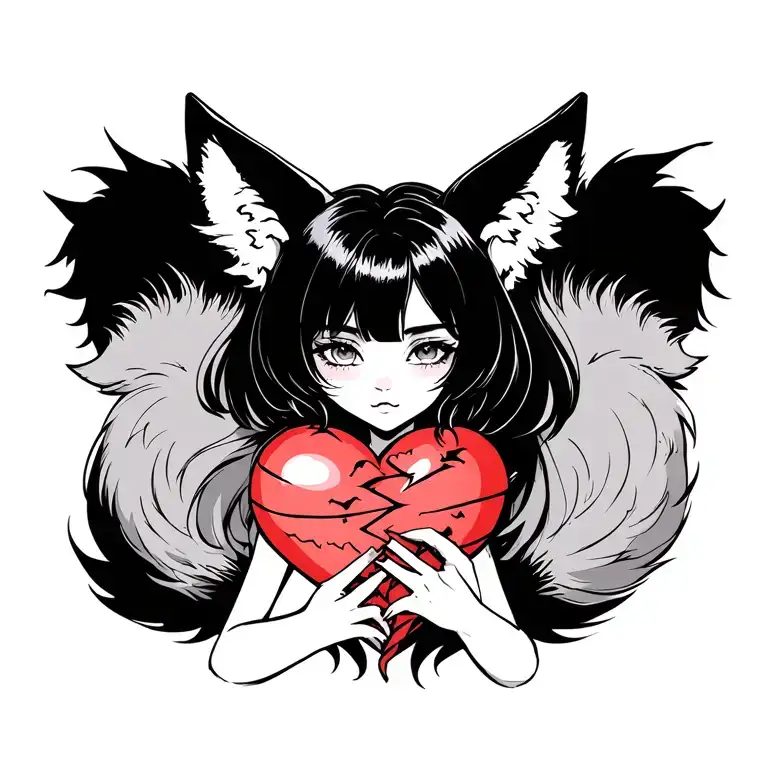 Anime Woman With Fox Ears Stitching Together A Broken Heart Wrapped With Fox Tails