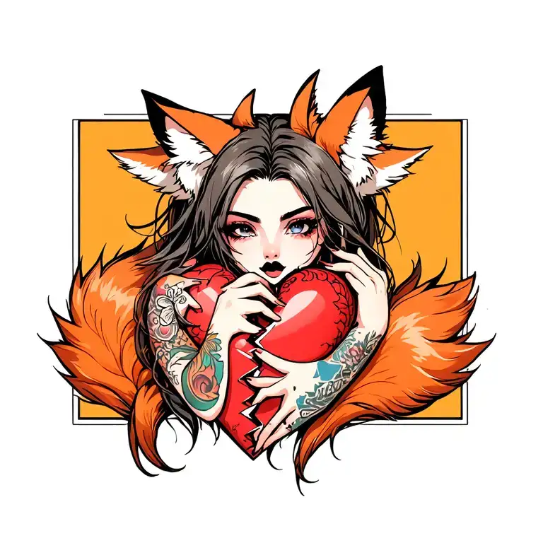 Anime Woman With Tattoos And Fox Ears Stitching Together A Broken Heart Wrapped With Fox Tails