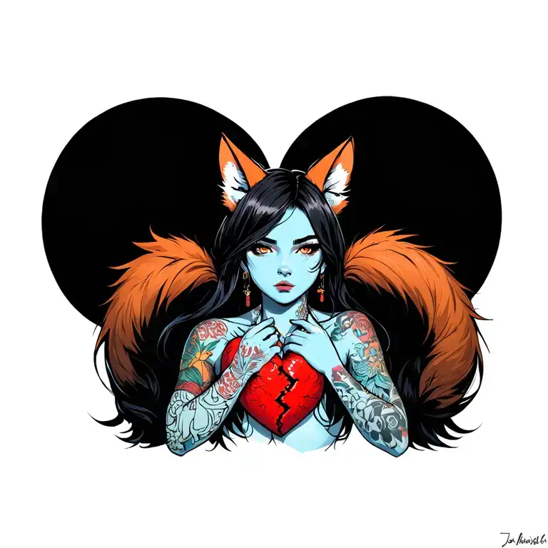 Anime Woman With Tattoos And Fox Ears Stitching Together A Broken Heart Wrapped With Fox Tails