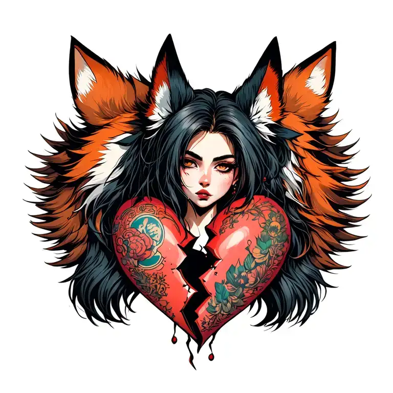 Anime Woman With Tattoos And Fox Ears Stitching Together A Broken Heart Wrapped With Fox Tails