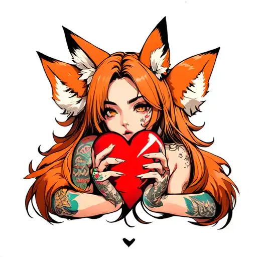Anime Woman With Tattoos And Fox Ears Stitching Together A Broken Heart Wrapped With Fox Tails