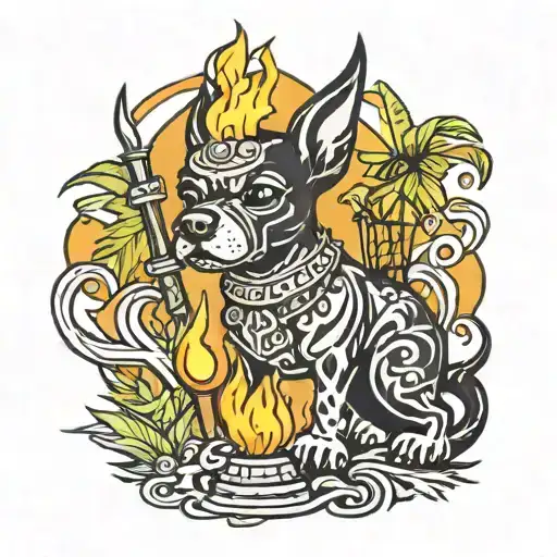 Black Dog With Pointy Ears In The Flame Of A Lit Tiki Torch