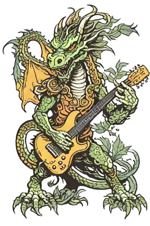 A Dragon Playing A Guitar In A Serene Forest Setting