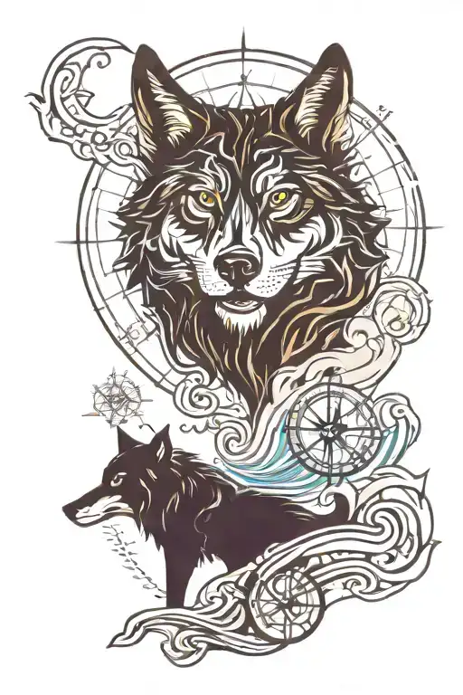 A Wolf Silhouette With A Compass Rose And Waves