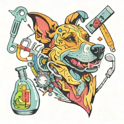 Colorful New-school Illustration Of A Dog Surrounded By Various Medical Instruments