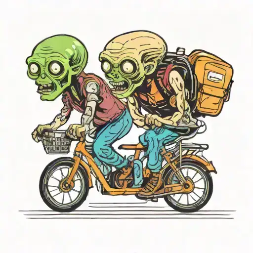 An Alien Taking His Alien Son To The School On His Bike