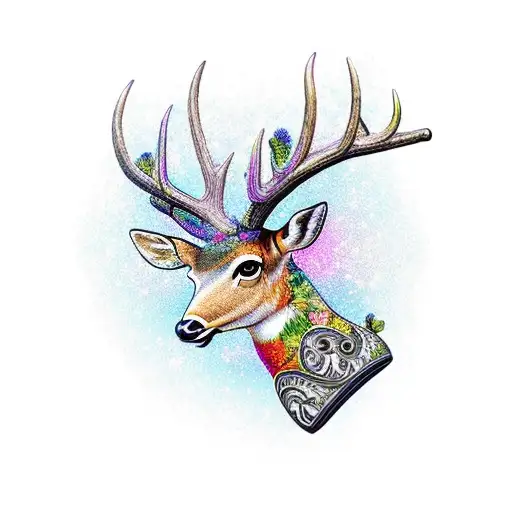 A Gun With Intricate Floral Patterns And A Deer Antler Handle