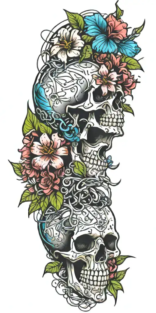 Many Colorful Tropical Flowers With A Skull And A Subtle Strand Of Rusty Barbed Wire