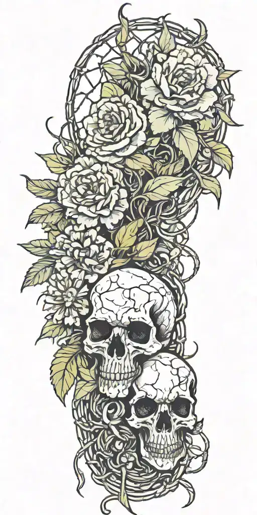 Colorful Peonie And Orchid Sleeve And A Subtle Strand Of Rusty Barbed Wire And One Cthulu Skull