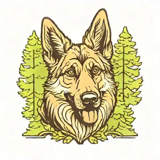 A New-school Design Of A German Shepherd Surrounded By Tall Pine Trees And Moss On The Ground