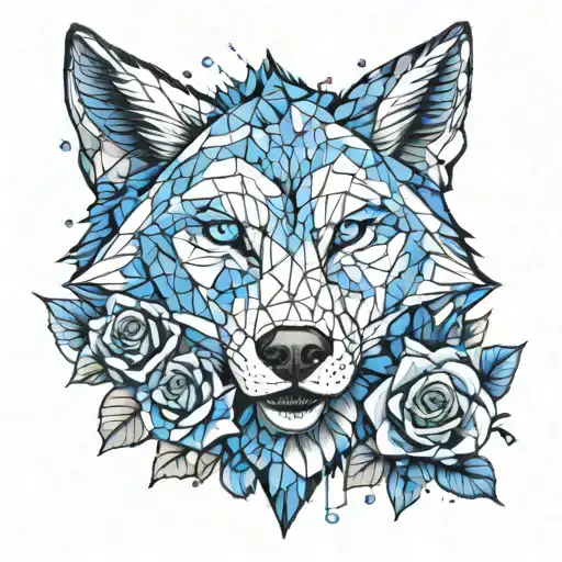 A Geometric Wolf Design Surrounded By Blue Roses